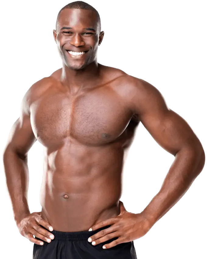 Shirtless afro-american man smiling with both hands on the hips | Body Contouring | EMSCULPT NEO | Care4usMD